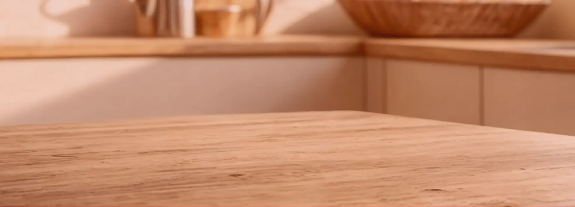 Fondo de cocina con mesa de madera clara en ambiente cálido, ideal para presentación de productos La Chilenita. Select 82 more words to run Humanizer.