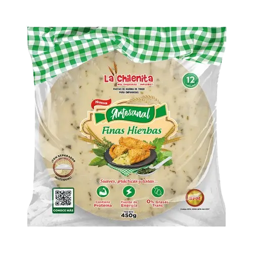 Empaque de pasta artesanal La Chilenita sabor finas hierbas, 12 unidades, presentación de 450 gramos con detalles nutricionales y fondo verde