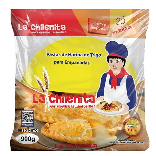 Empaque de pasta de harina de trigo La Chilenita para empanadas, 25 unidades, con ilustración de chef y fondo de empanadas doradas